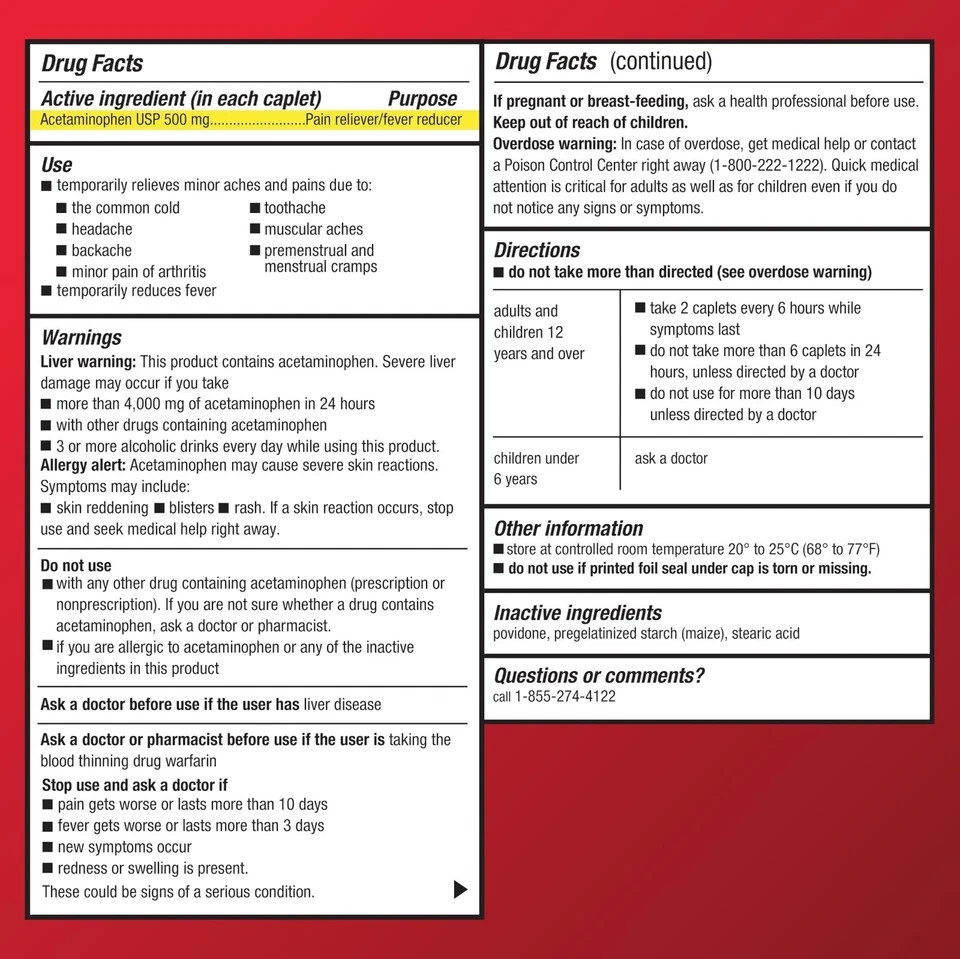 Extra Strength Pain Reliever - Acetaminophen 500mg - Fever Reducer - 500 Caplets