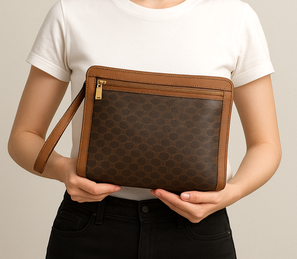 CELINE Macadam Clutch Bag Brown Leather Monogram Pouch 1980s