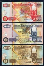 ZAMBIA - Serie 50 100 500 KWACHA 1992 FIOR DI STAMPA Very Fine GIAN8