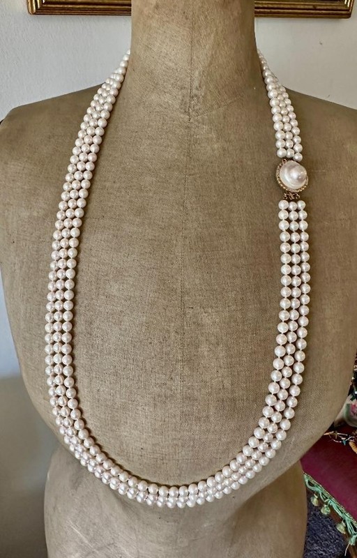Triple Strand Pearl Diamond 14K Gold Necklace 36 Inch Opera Length 7mm Pearls