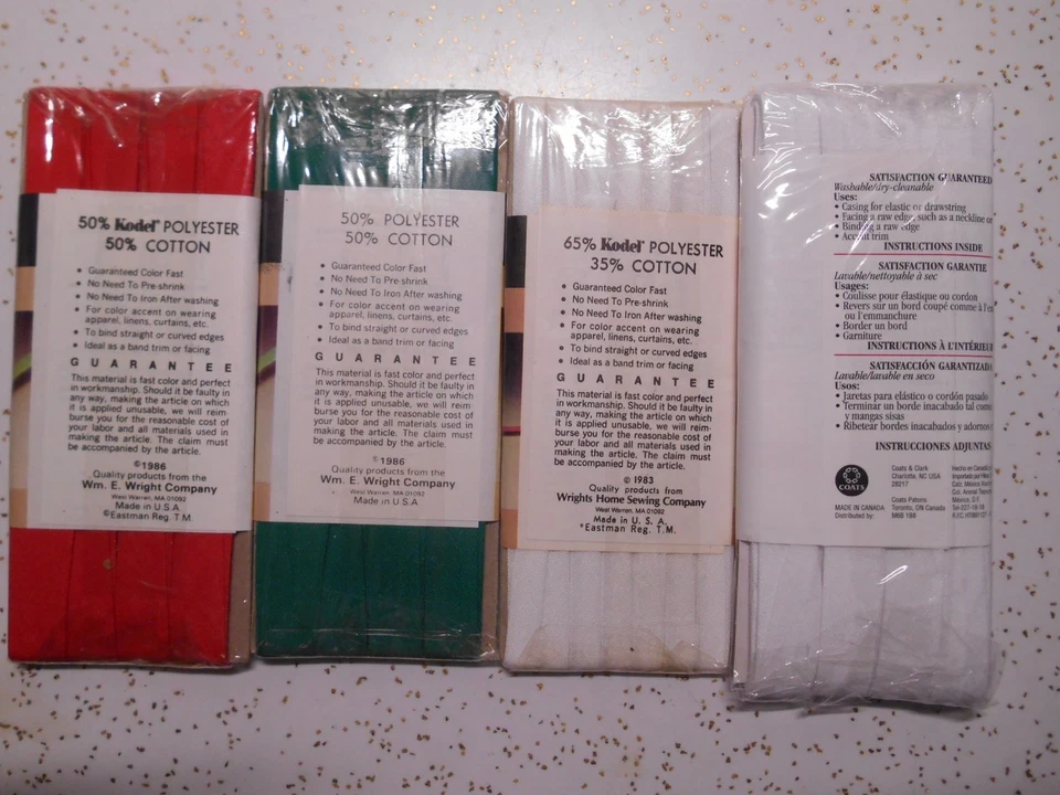 Lote de 4 CINTAS SESGADAS PLEGABLES INDIVIDUALES Y DOBLES ROJAS VERDES BLANCAS algodón/poliéster 20 yardas Foto 3 de 3