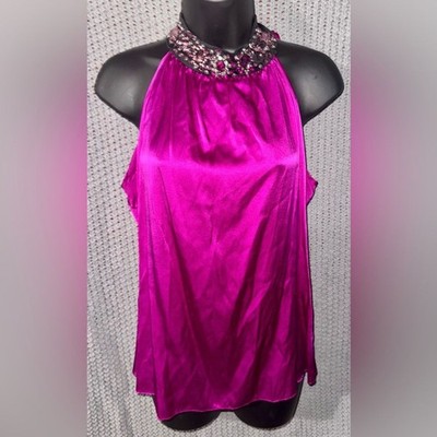 Vintage  CACHE Silk Embellished Halter Neck Top Pink Purple Size Medium