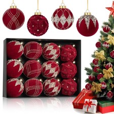 12-Pack Velvet Christmas Ball Ornaments - 80mm/3.15 in Flocked Red Christmas ...