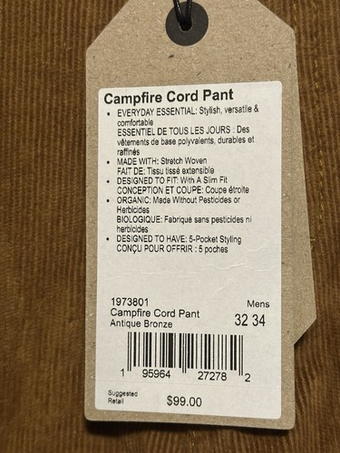 NWT PrAna Campfire Cord Pants Corduroy 32Wx34L Antique Bronze Rust Slim fit - Picture 5 of 7