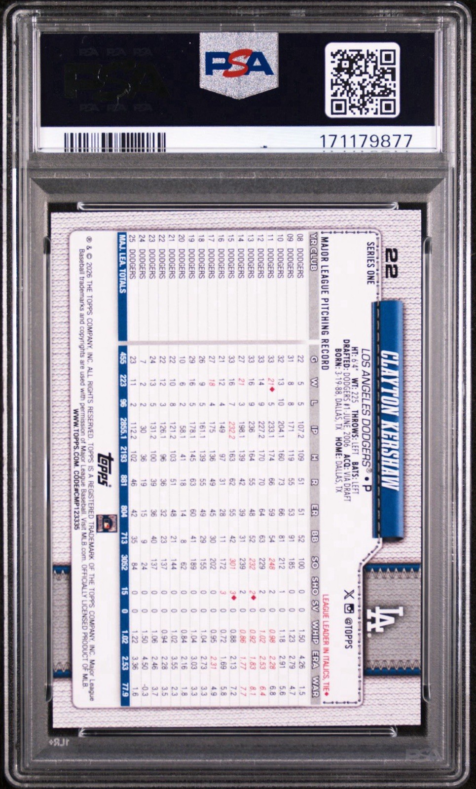 2026 Topps Series 1 - Clayton Kershaw #22 Team Color Border - PSA 9 view 2