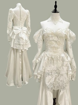 Vintage Satin Wedding Dresses Applique Intricate Short Front Long Back Bow