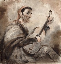 Charles Huard (1874-1965) Watercolour Painting Portrait Of A Man With Instrument
