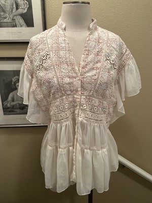 Anthropologie Akemi + Kin S Rose & Ivory Coquette Blouse Top W Flutter Sleeves
