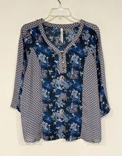 NY Collection Women's Chiffon Blouse Sz Large Paisley Tile Border Button Popover