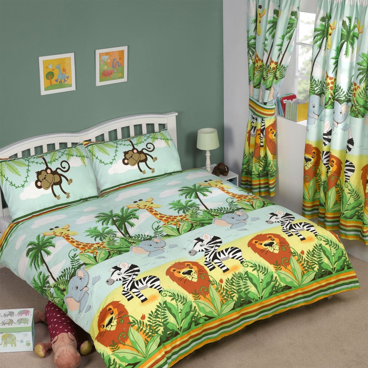 KIDS JUNGLE-TASTIC DOUBLE DUVET COVER SET 66ins x 54ins MATCHING CURTAINS