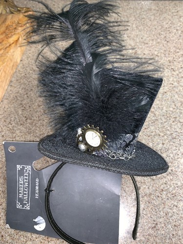 Ladies Black Velvet Ornate Steampunk Mini Top Hat Headband Feather Plume Watch - 第 1/8 張圖片