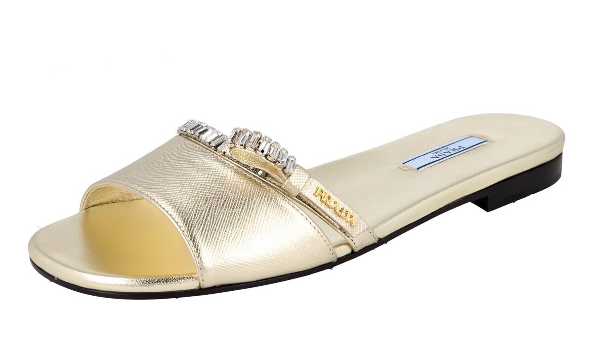 PRADA Saffiano CRYSTAL Sandals Slides - 1XX527 Gold Pyrite PRADA Saffiano CRYSTAL Sandals Slides - 1XX527 Gold Pyrite