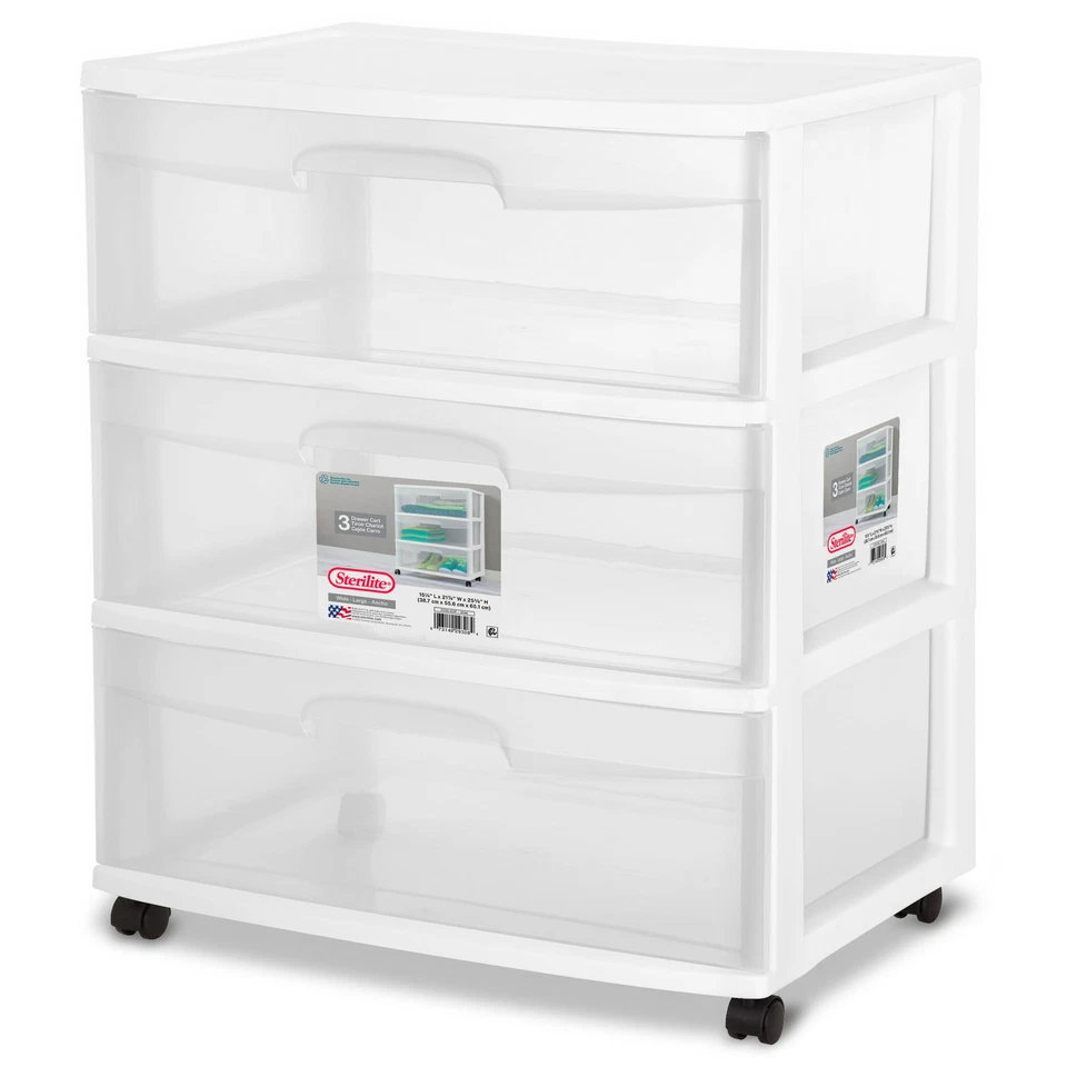 Sterilite White Frame with Clear Drawers and Black Casters Wide 3-Drawer Cart - Image 4 of 4