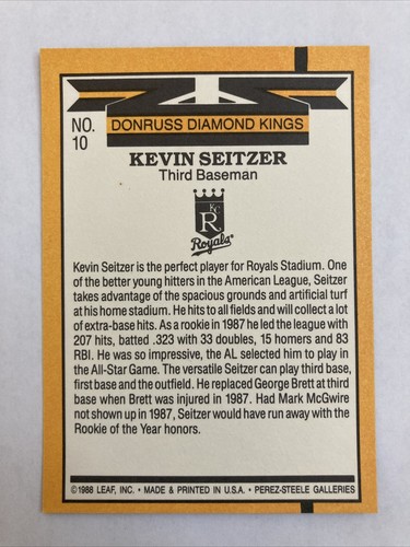 1988 Donruss DK Diamond Kings MLB Mint Baseball Card #10 Kevin Seitzer Royals - Picture 2 of 2