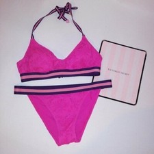 Victoria Secret Swim Bikini Small Top Medium Bottom Pink Lace Banded Bralette