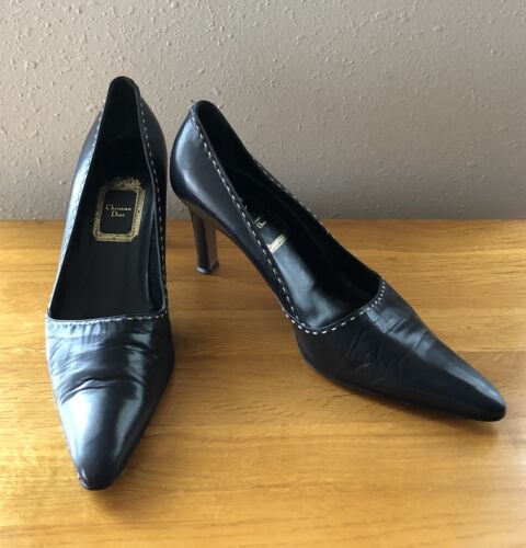 CHRISTIAN DIOR Navy Blue w/ White Stitching Heels Pumps Size 39