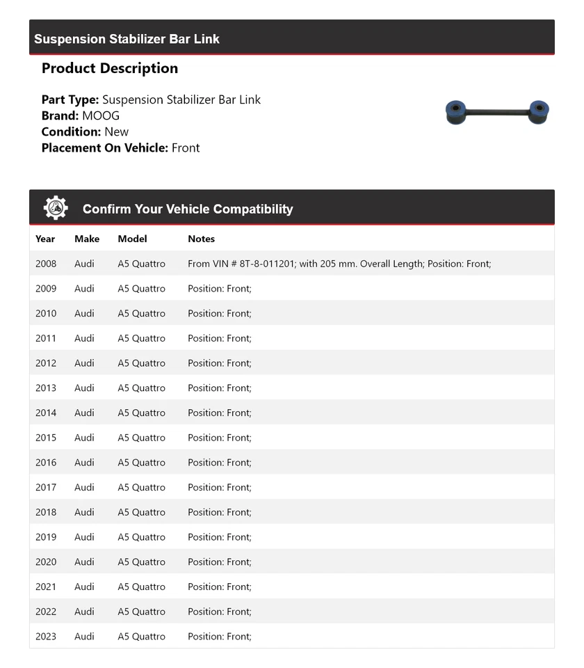 适用于 2008 - 2023 奥迪 A5 Quattro 悬架稳定杆 Link 前 MOOG 2008 — 第 2/4 张图片