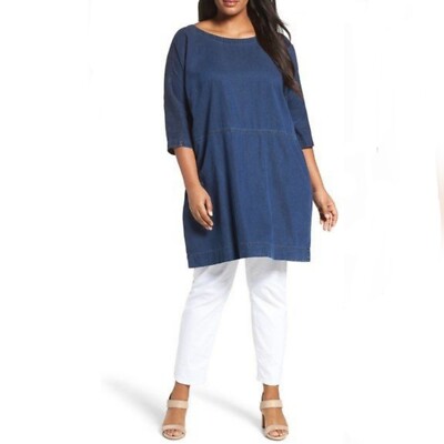Eileen Fisher Denim Chambray Shift Dress M Dark Wash Organic Cotton Tencel  | eBay