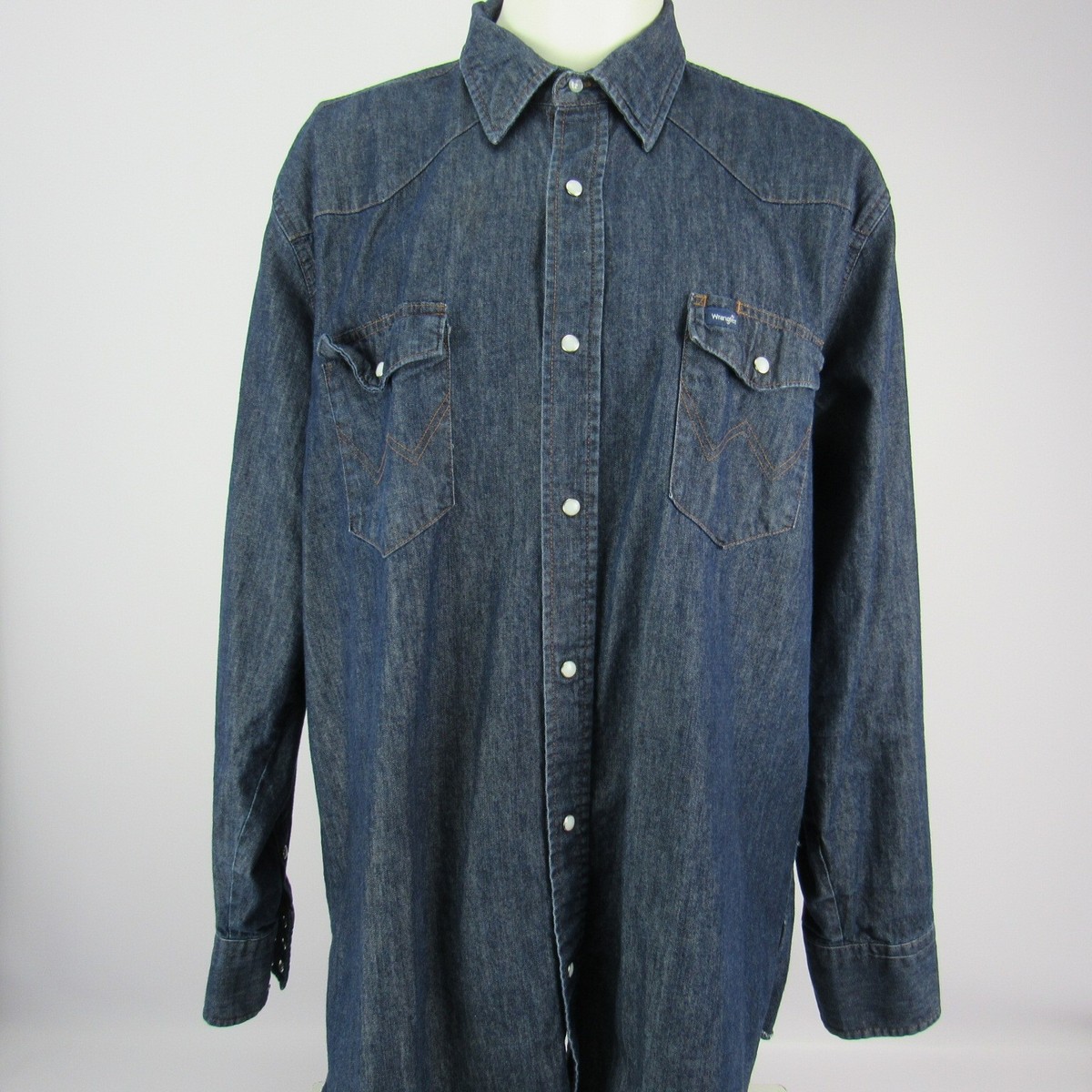 Wrangler Men's Shirt 2XT Blue Jean Rigid Denim Western Pearl Snap