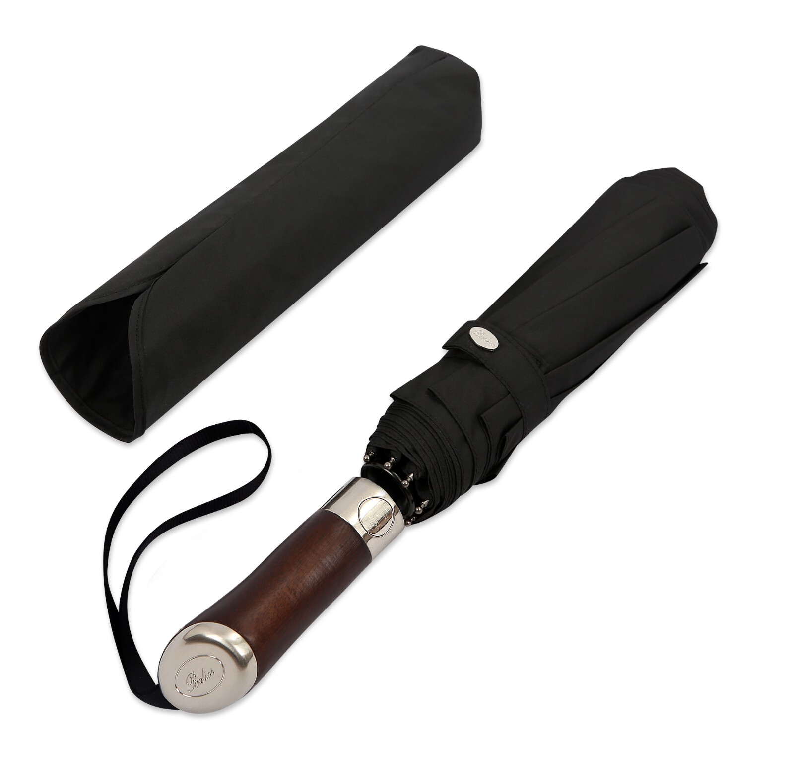Balios Black Lux Hardwood Handle Folding Umbrella Single Canopy Auto Open Close