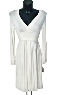Neu Damen Kleid Shirtkleid V-Neck Langarm Freizeitkleid Businesskleid Creme XS-M