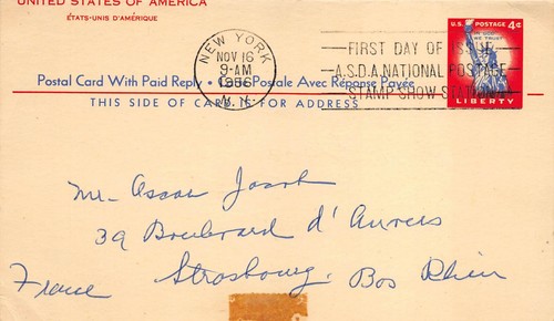 Properly used international reply card #UY16 to France on first-day; returned - Picture 3 of 4