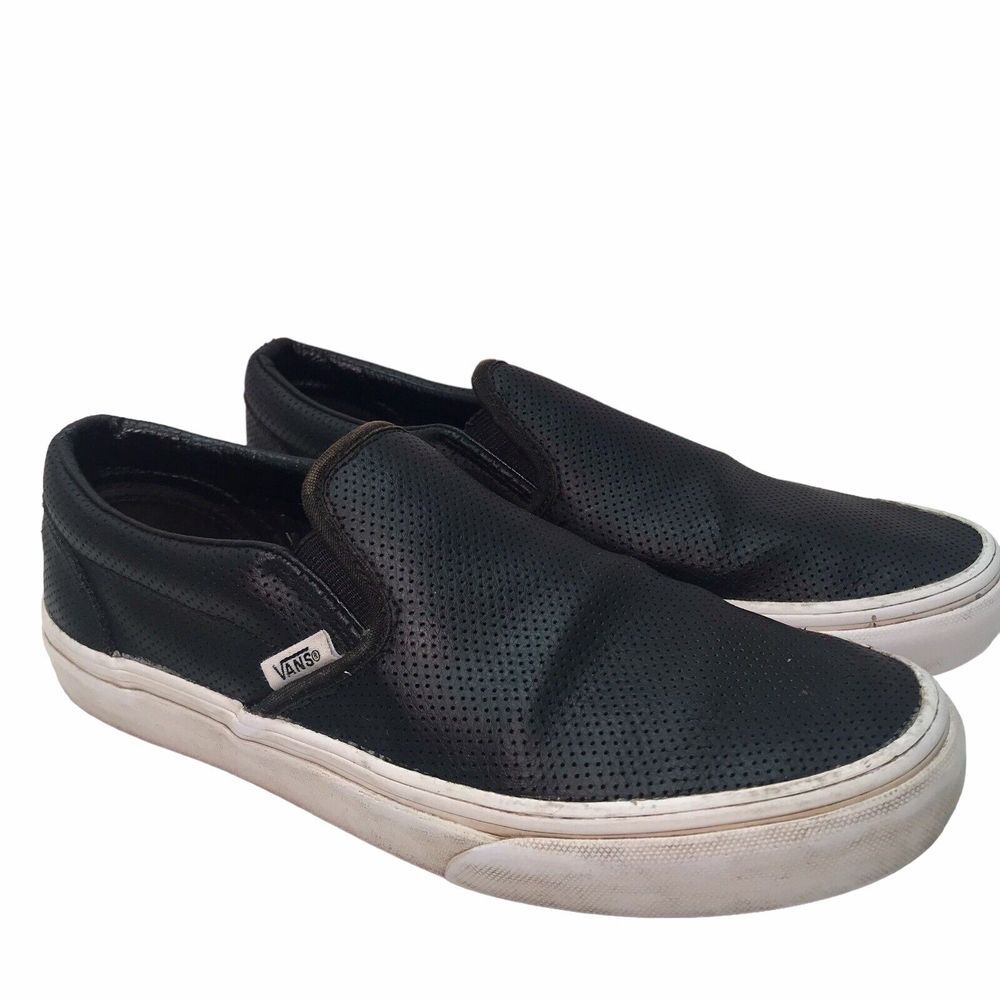 Vans Classic Perf Black Leather Slip-On Skate Shoe Size W7.5 M6-image