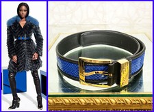 Pre/Fall2012 L 5 VERSACE BLUE SNAKESKIN BELT w/Gold Tone GREEK KEY BUCKLE 75/30