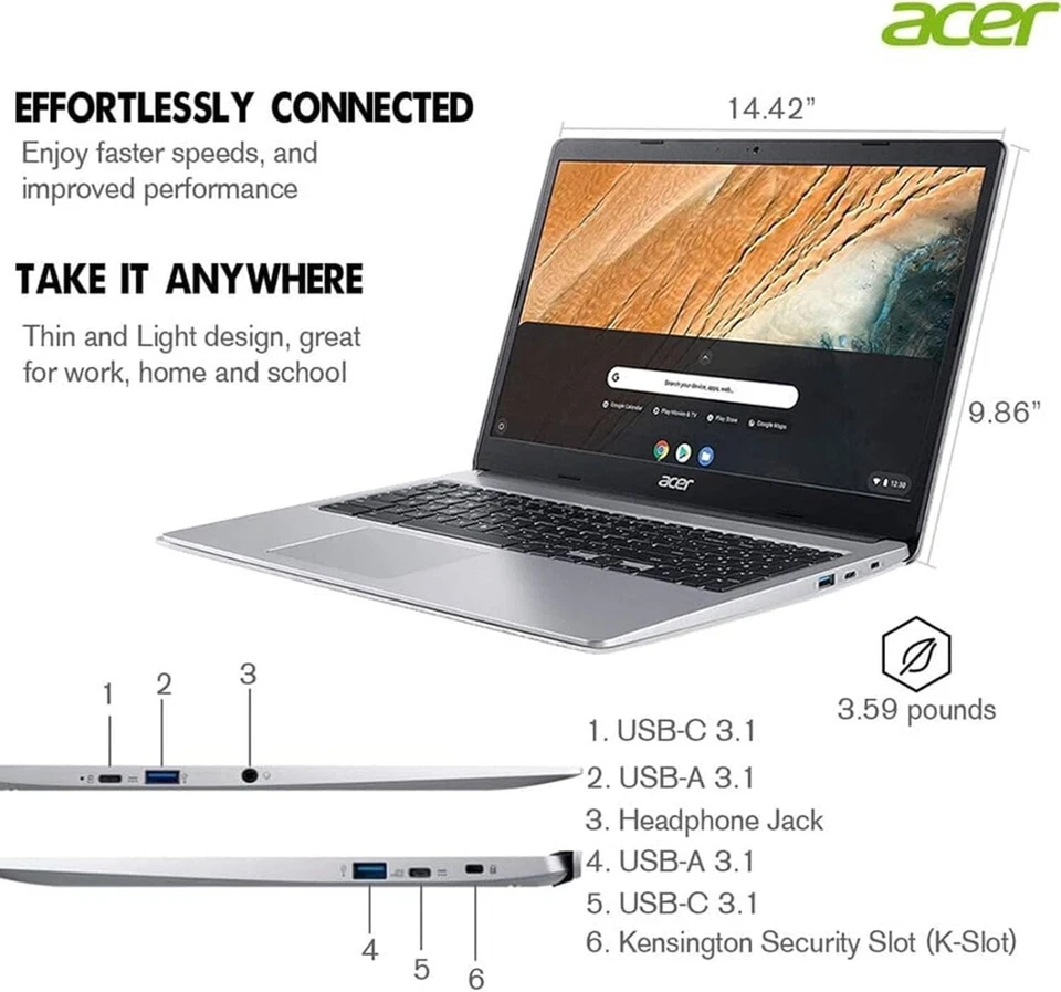 Acer 15.6" Chromebook 315 Business Laptop, Intel Celeron N4020,4GB RAM,64GB eMMC - Image 4 of 4