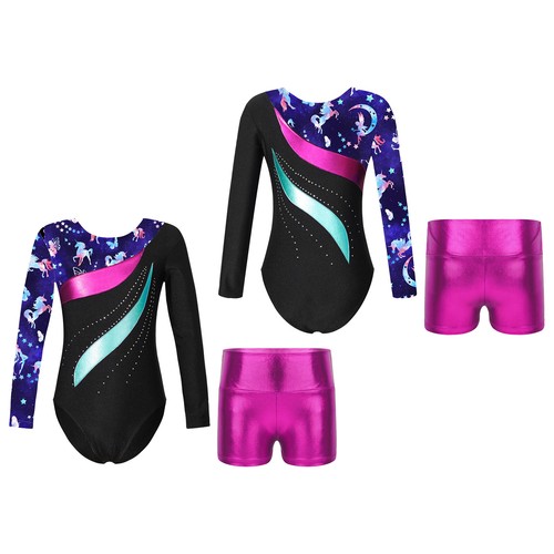 Kids Girl's Dance Leotards Athletic Rompers Fitness Jumpsuit With Bottoms Team - Picture 27 of 61