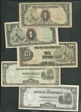 5 Philippines 1 & 10 Pesos ND 1942-1943 WWII Japanese Occupation Paper Money