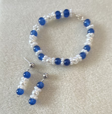 Blue  White Round Glass Beaded Bracelet and Dangle Earrings Jewelry Set