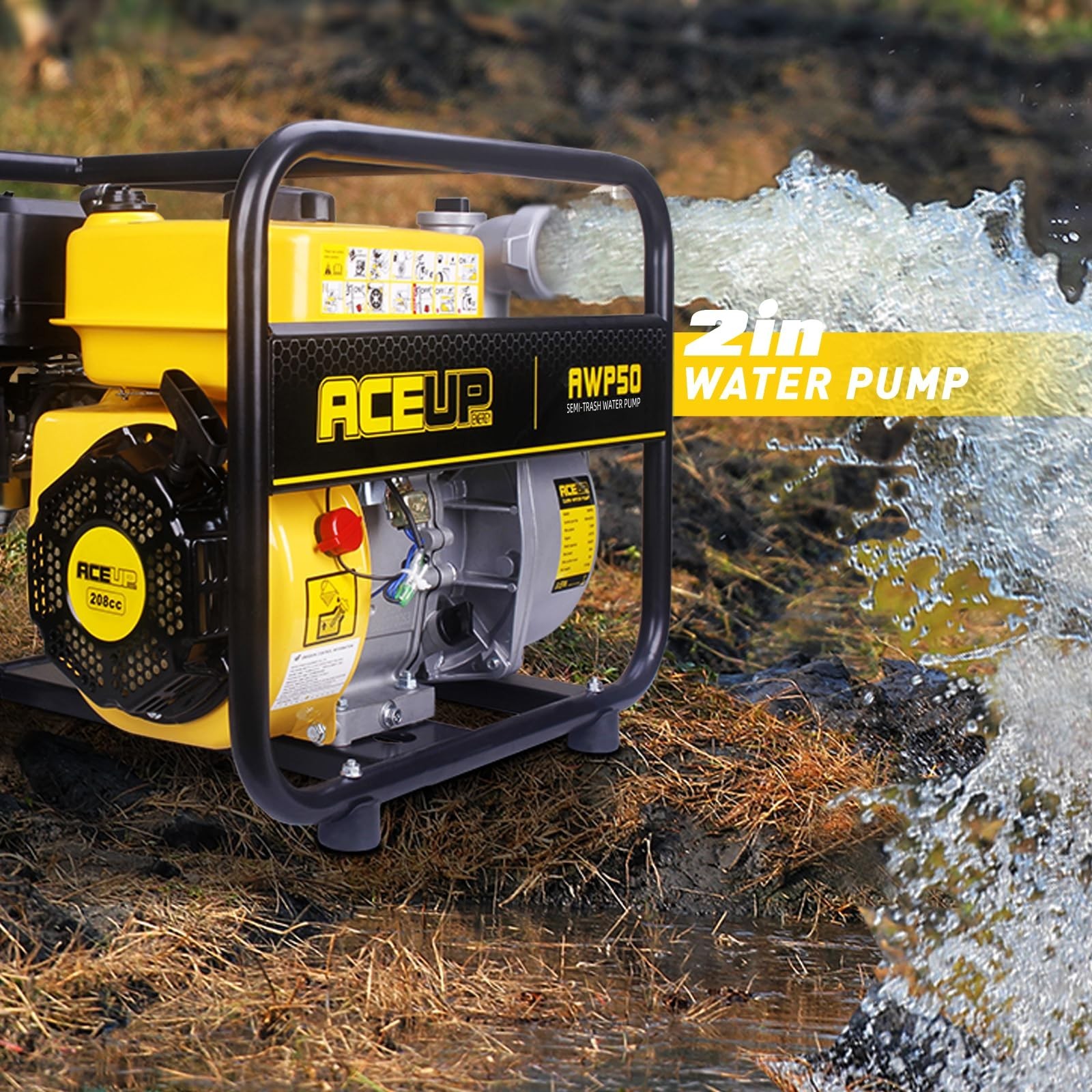 Aceup Energy 7HP Gas Semi Trash Pump 2 in 208cc 158 GPM Portable Irrigation EPA