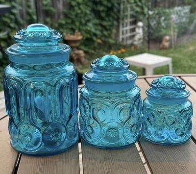 Unmarked Blue Pressed Glass Storage Canister Jars w/ Lids, 3-Piece Set