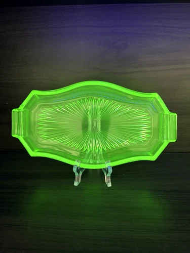 1930's Depression Green Glass Vanity Jewelry Tray 10.5" Vaseline Uranium UV Glow