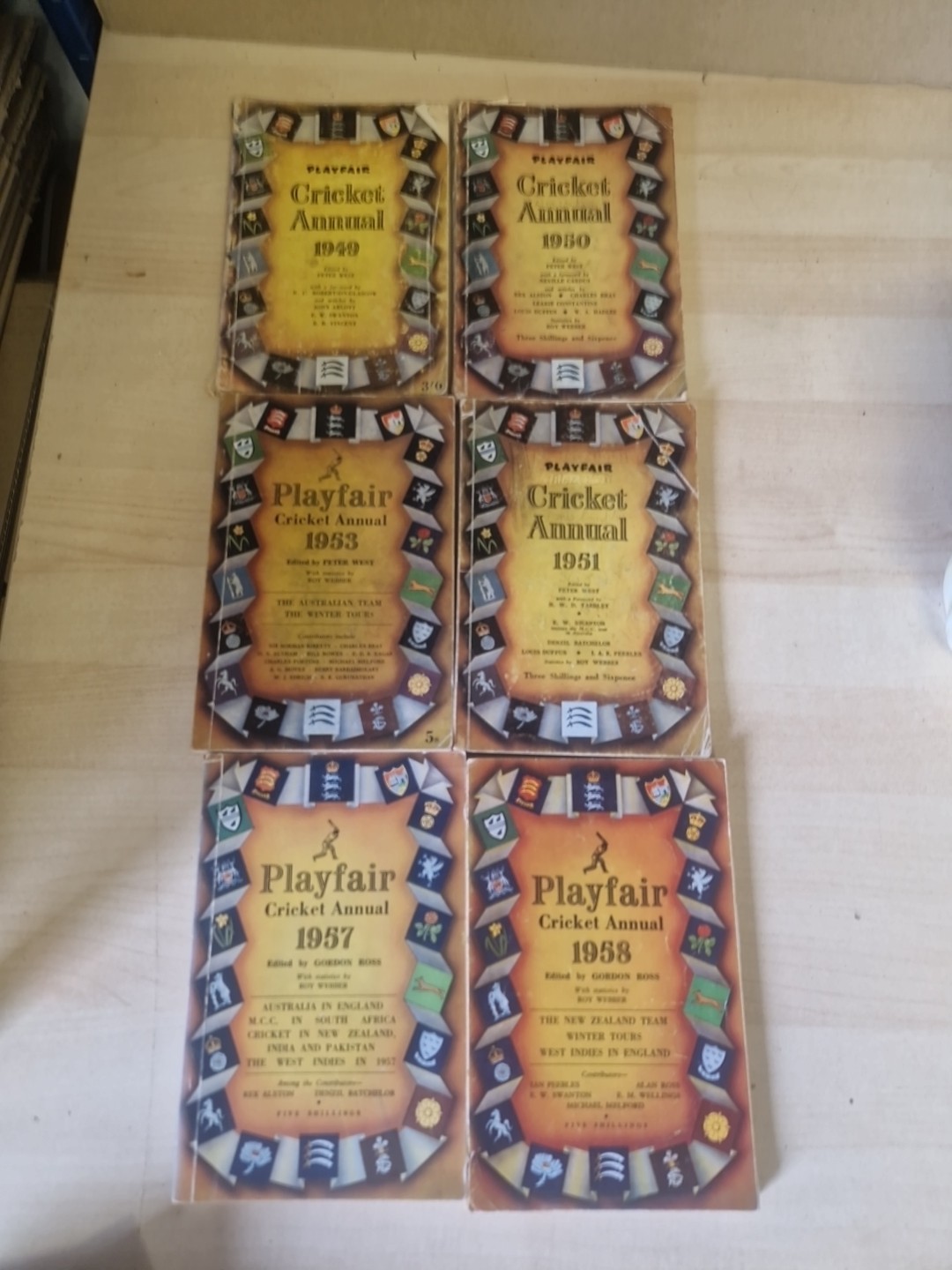 6 X Playfair Cricket Annuals 1949, 1950, 1951, 1953, 1957, 1958