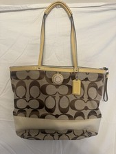 Coach Signature Canvas Khaki Brown Patent Leather Tote Bag 26772