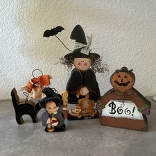 Set of 4 Wooden Halloween Figurines Pumpkin Ghost Witch Cat Handmade