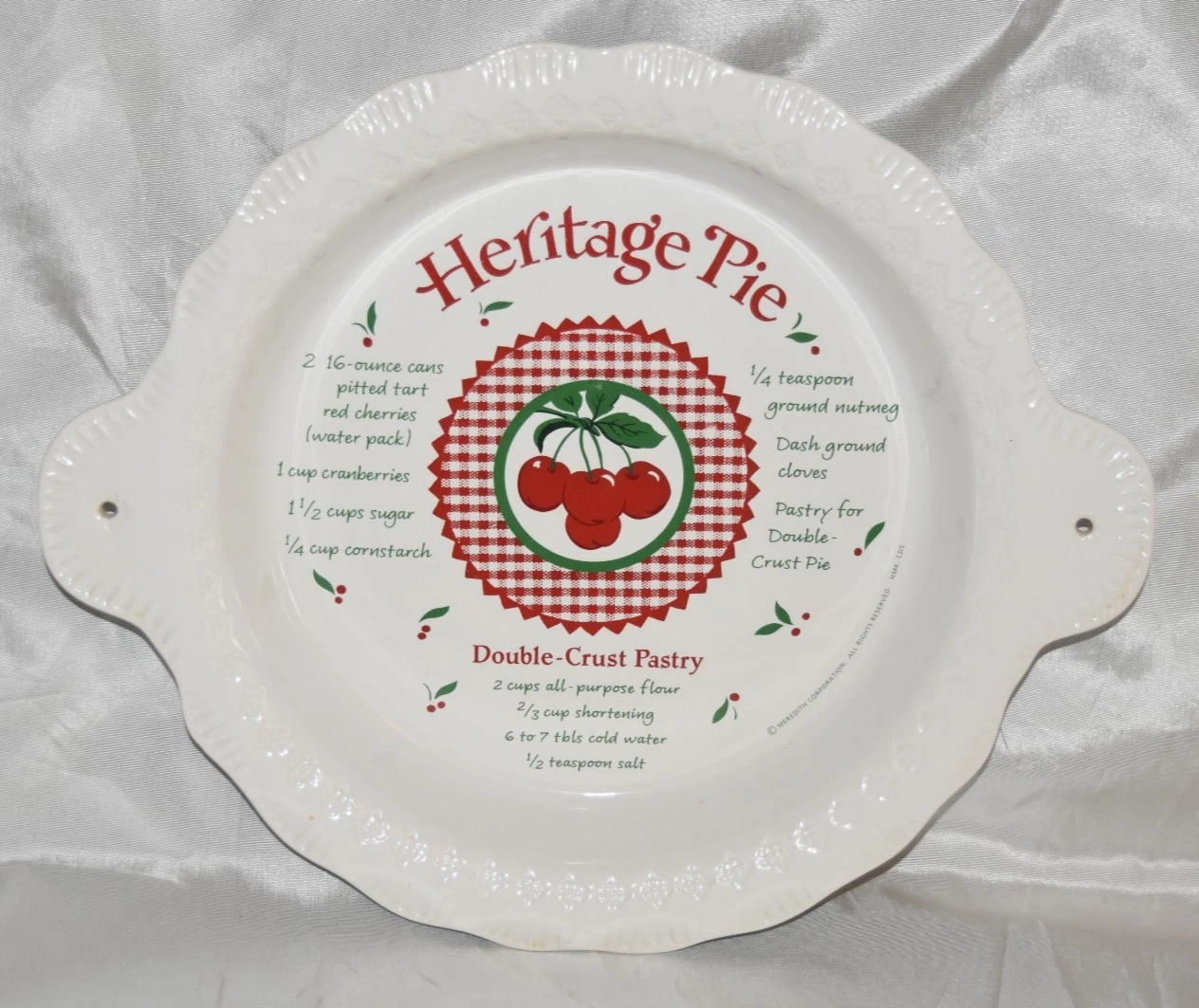 Vintage Cherry Heritage Pie Plate Hallmark ~ Recipe Double Crust Pastry USA