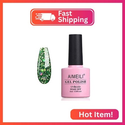 AIMEILI Soak Off U V LED Gel Nail Polish - Diamond Glitter Fire Green (063) 10ml