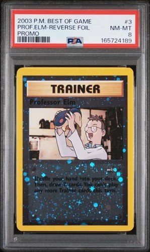 2003 POKEMON BEST OF GAME PROMO #3 PROFESSOR ELM-REVERSE FOIL PSA 8