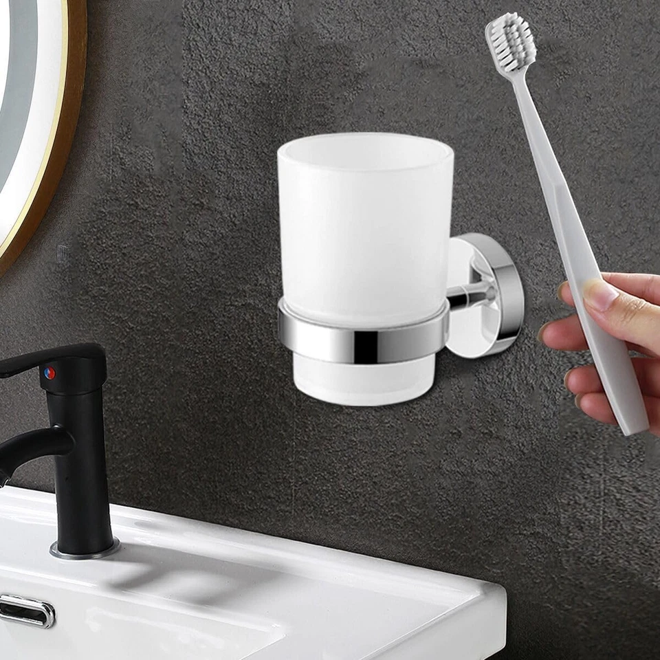 Soporte para Cepillo de Dientes Montado en la Pared con Taza Satinada con Soporte Cromado,Met... Foto 4 de 4