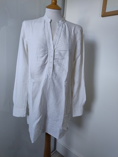 Linen Cotton White Tunic Top Size UK 12 Long Sleeves V Mandarin Neck Blouse - Picture 9 of 11