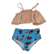 Two Piece Bikini Set Womens Large Blue Pink Floral Ruffle High Waist Beach