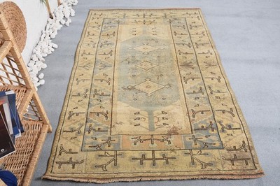 Turkish 3,9x6,2 ft Rug, Area Vintage Rug, Beige Blue Striped Wool Rug