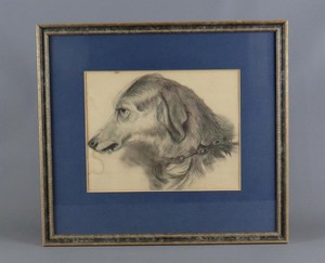 After Sir Edwin Landseer Antique Victorian Pencil Drawing Dog Wolfhound Signed