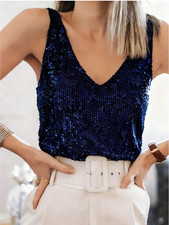 Navy Sequin V-Neck Sleeveless Tank Top, Elegant Tank Top For Spring And Summer