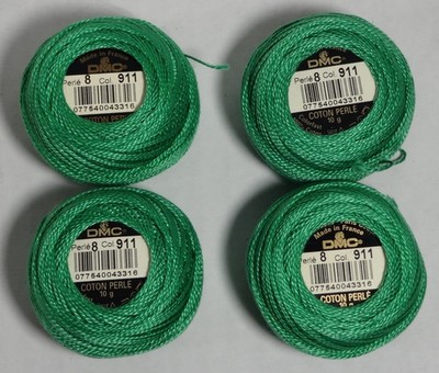 Lot of 4, DMC Coton Perle, #911 Emerald Green, 10g, Size 8