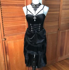 Gothic Victorian Torture Petals Black Velvet High Low Lace-Up Gown Dress S