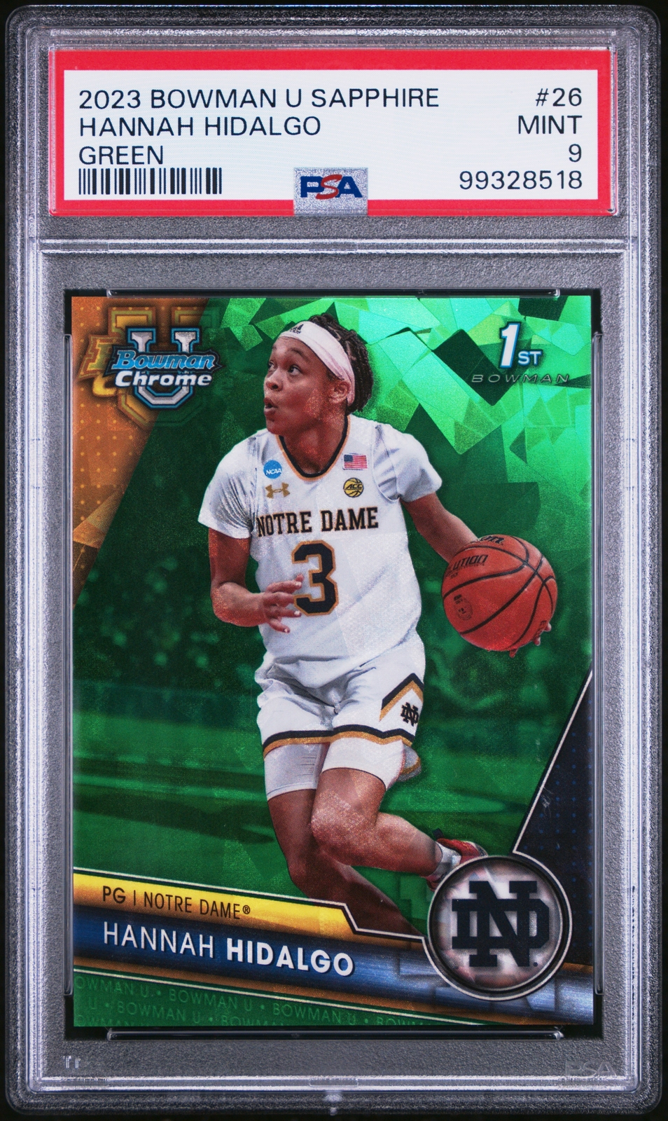 2023 BOWMAN UNIVERSITY CHROME SAPPHIRE GREEN #26 HANNAH HIDALGO 97/99 PSA 9